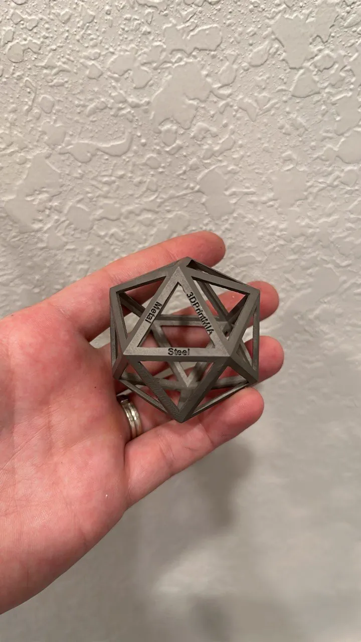 3DPRINTMIA branded icosahedron model printed in steel