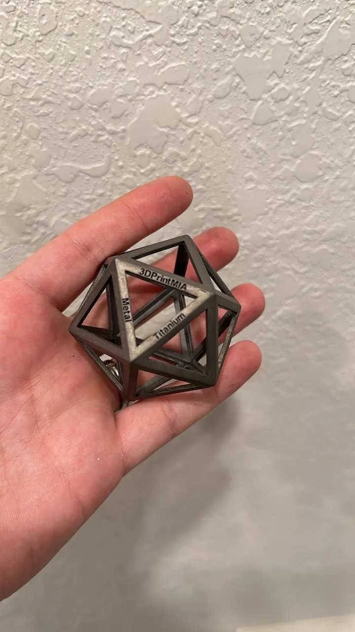 3DPRINTMIA branded icosahedron model printed in titanium