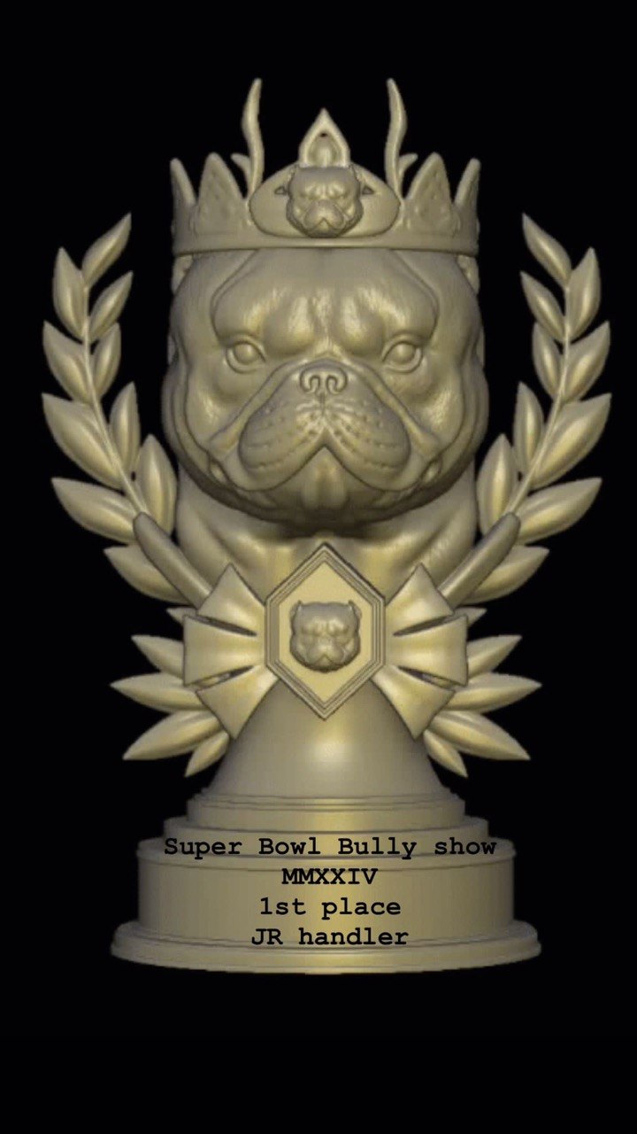 CAD render of a gold trophy with a modeled dog head and laurel wreath