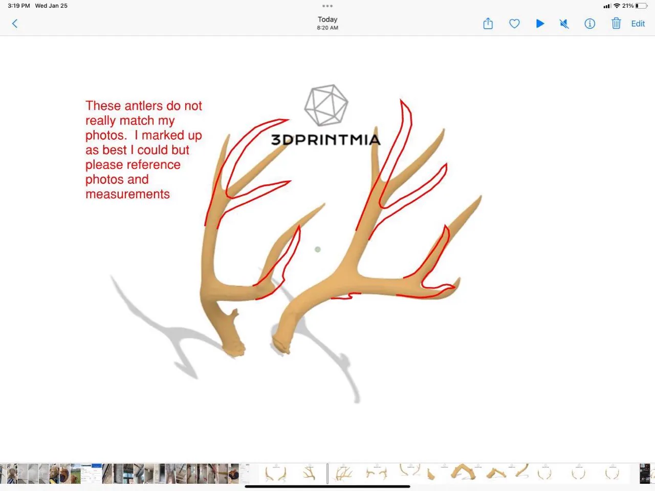3DPRINTMIA CAD render of antlers with client feedback notes