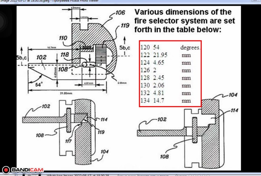 Technical drawing screenshot with a complete dimensions table