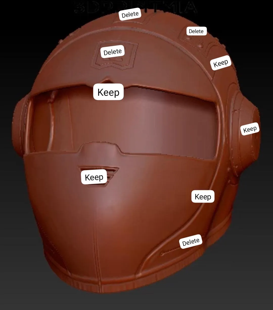 3DPRINTMIA CAD render of a helmet with keep/delete feature markup