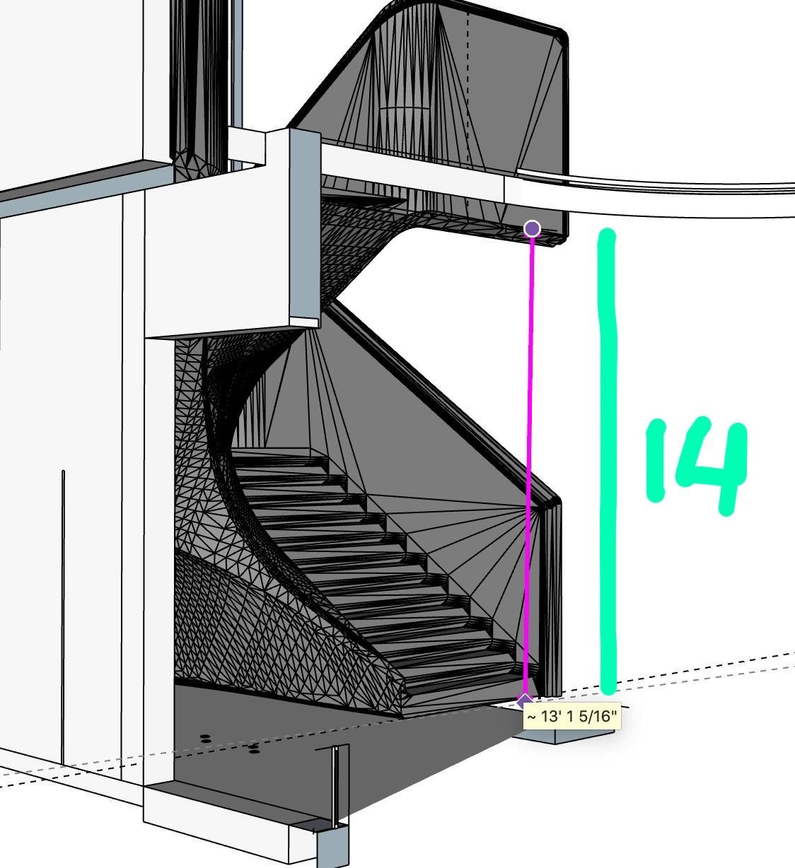 CAD wireframe of a spiral staircase with a dimension callout