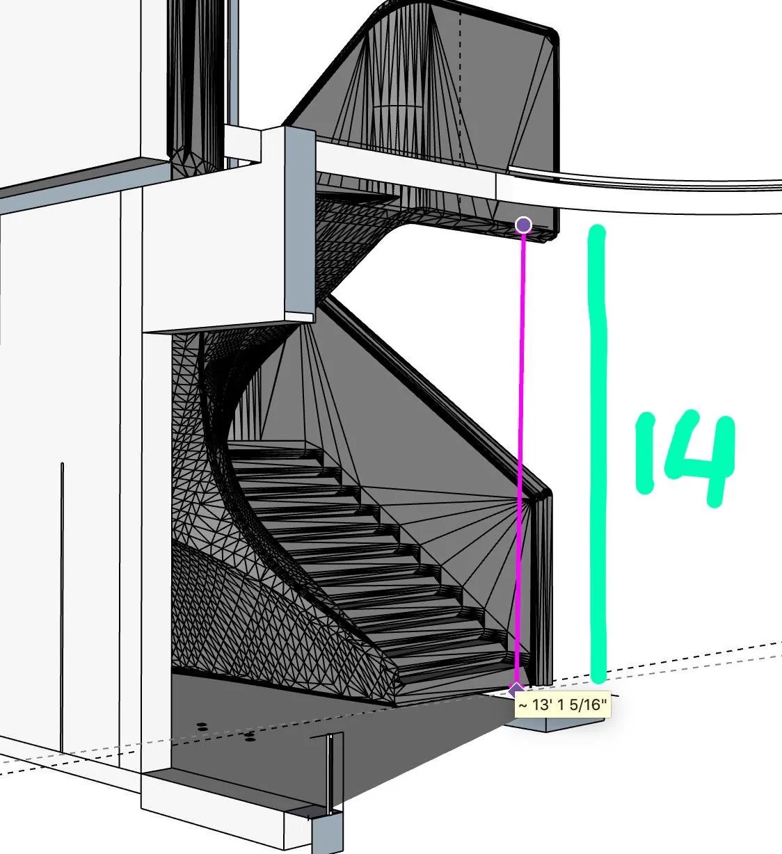 CAD wireframe of a spiral staircase with a dimension callout