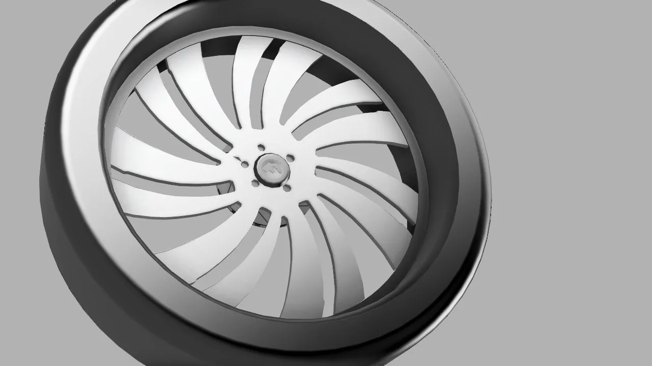 CAD render of a custom swirl-spoke wheel with tire